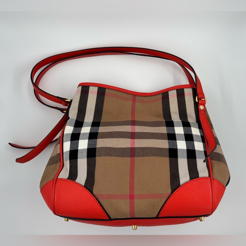 Auth Burberry House Check Canterbury canvas leather orange bag tote purse - Picture 7 of 16